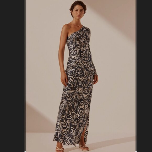 NWT Shona Joy Anthea Silk One Shoulder Maxi Dress Deep Navy/Ivory US 2 (XS) - Picture 1 of 6